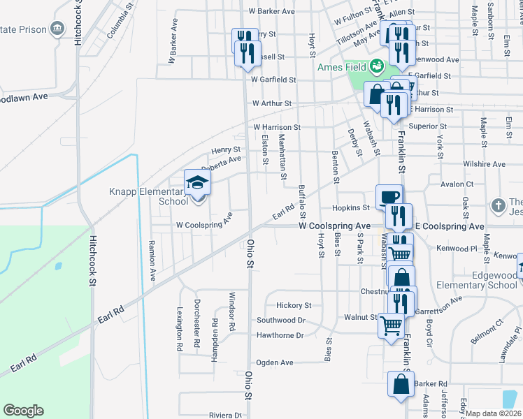 map of restaurants, bars, coffee shops, grocery stores, and more near 2525 Elston Street in Michigan City