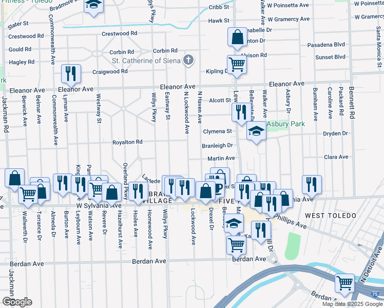 map of restaurants, bars, coffee shops, grocery stores, and more near 4210 North Lockwood Avenue in Toledo