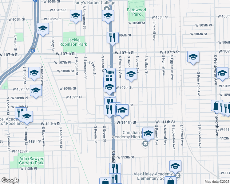 map of restaurants, bars, coffee shops, grocery stores, and more near 10919 South Halsted Street in Chicago