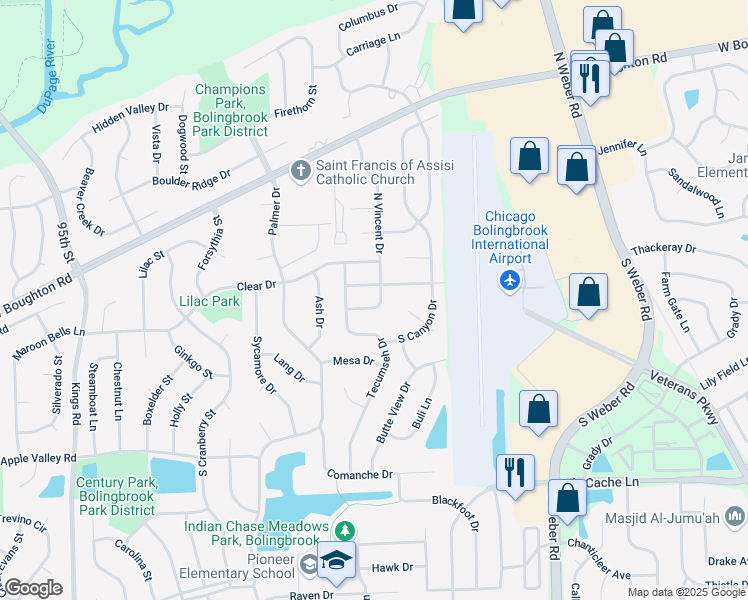 map of restaurants, bars, coffee shops, grocery stores, and more near 121 South Vincent Drive in Bolingbrook