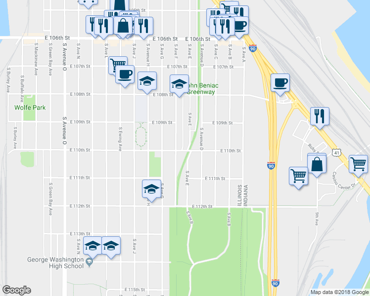map of restaurants, bars, coffee shops, grocery stores, and more near 10956 South Avenue East in Chicago