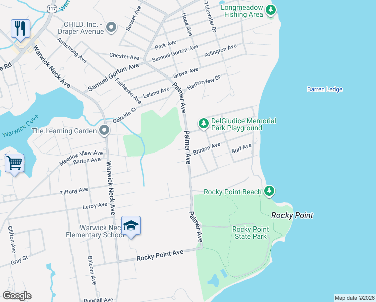 map of restaurants, bars, coffee shops, grocery stores, and more near 249 Palmer Avenue in Warwick