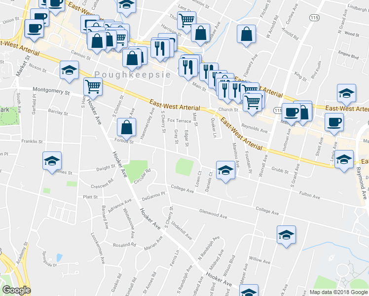 map of restaurants, bars, coffee shops, grocery stores, and more near 30 Edgar Street in Poughkeepsie
