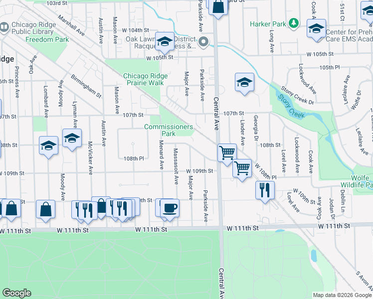map of restaurants, bars, coffee shops, grocery stores, and more near 10822 Major Avenue in Chicago Ridge