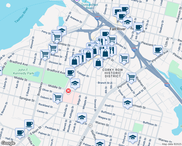 map of restaurants, bars, coffee shops, grocery stores, and more near 109 Whipple Street in Fall River