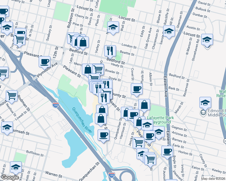 map of restaurants, bars, coffee shops, grocery stores, and more near 60 County Street in Fall River