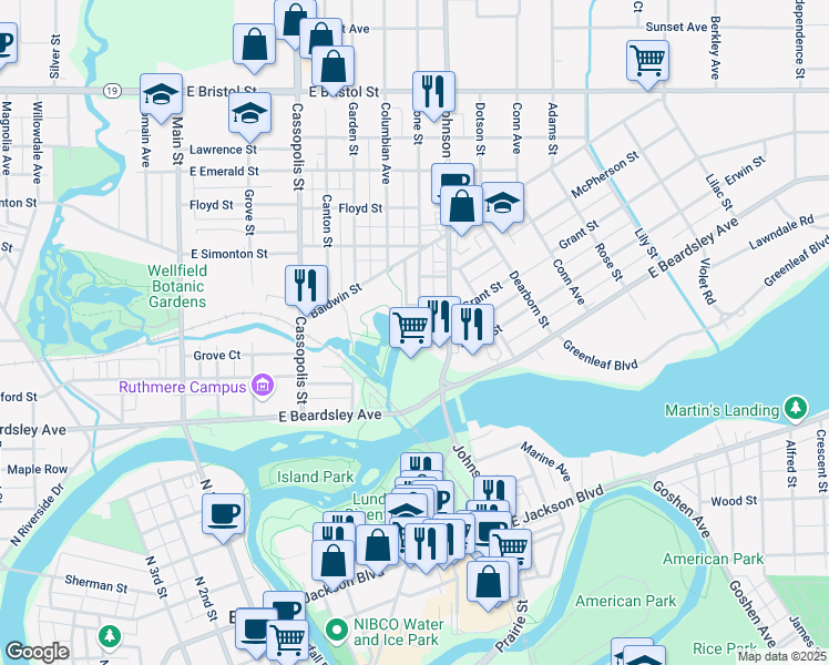 map of restaurants, bars, coffee shops, grocery stores, and more near 1009 Cone Street in Elkhart