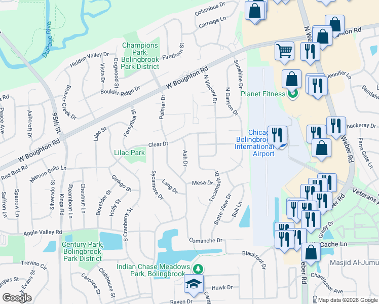 map of restaurants, bars, coffee shops, grocery stores, and more near 120 Ash Drive in Bolingbrook