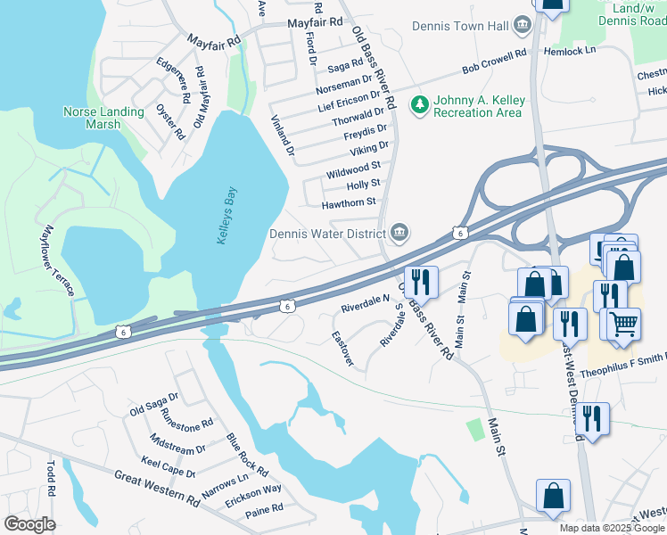 map of restaurants, bars, coffee shops, grocery stores, and more near 52 Old Fish House Road in Dennis