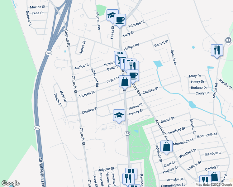 map of restaurants, bars, coffee shops, grocery stores, and more near 1071 Tacoma Street in New Bedford