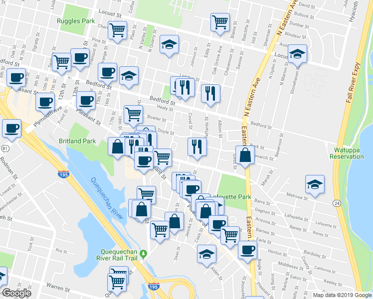 map of restaurants, bars, coffee shops, grocery stores, and more near 205 Covel Street in Fall River