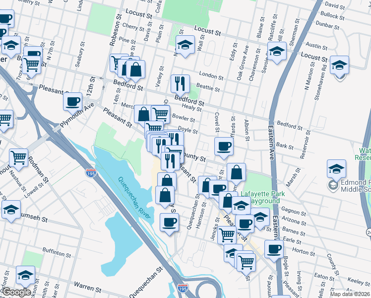 map of restaurants, bars, coffee shops, grocery stores, and more near 60 County Street in Fall River