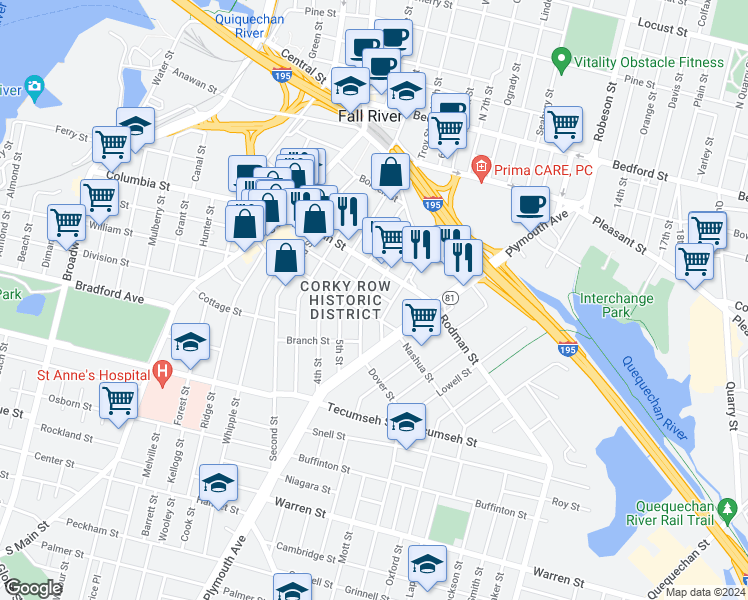 map of restaurants, bars, coffee shops, grocery stores, and more near 270 Morgan Street in Fall River