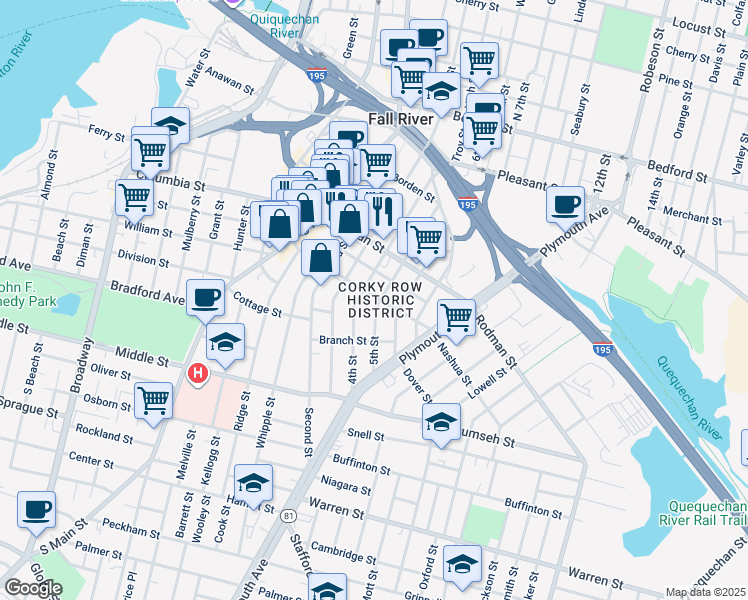 map of restaurants, bars, coffee shops, grocery stores, and more near 380 4th Street in Fall River