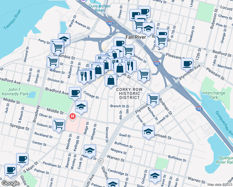 map of restaurants, bars, coffee shops, grocery stores, and more near 513 Third Street in Fall River