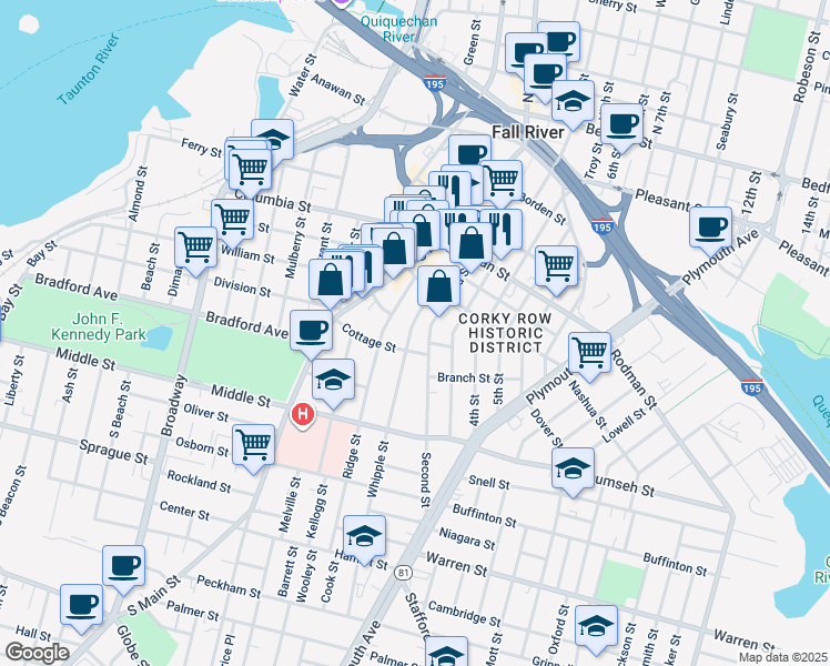 map of restaurants, bars, coffee shops, grocery stores, and more near 109 Whipple Street in Fall River
