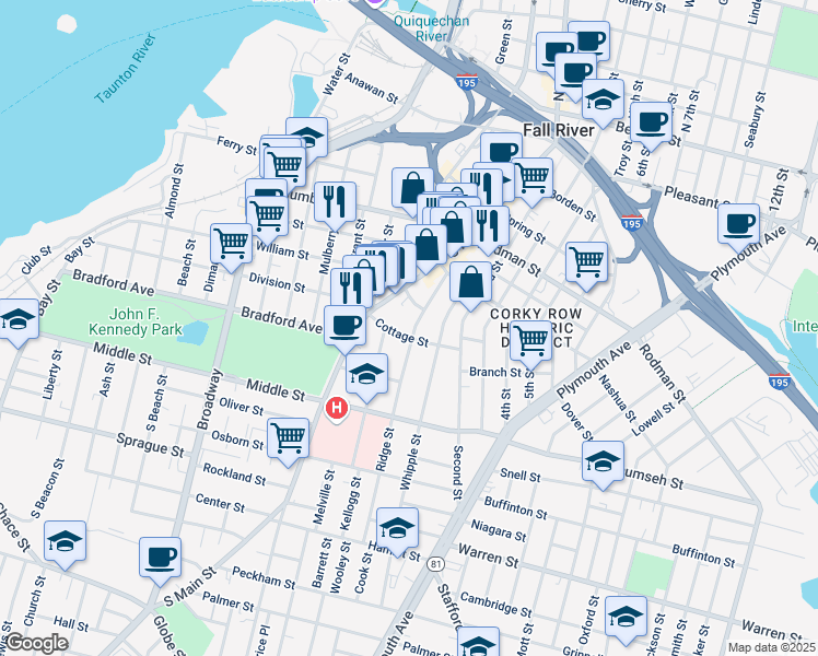 map of restaurants, bars, coffee shops, grocery stores, and more near 76 Cottage Street in Fall River