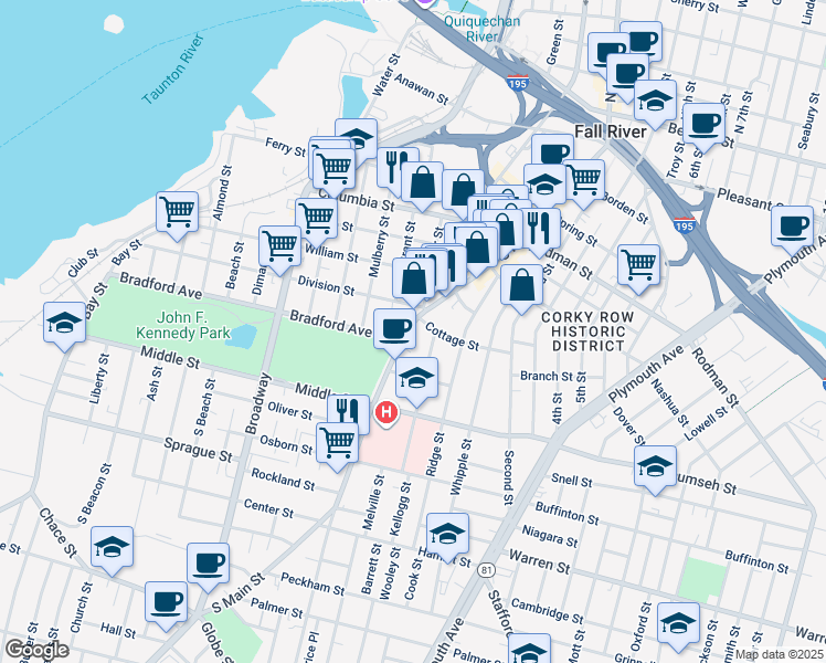 map of restaurants, bars, coffee shops, grocery stores, and more near 640 South Main Street in Fall River