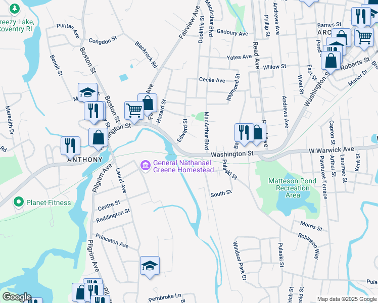 map of restaurants, bars, coffee shops, grocery stores, and more near 511 Washington Street in Coventry