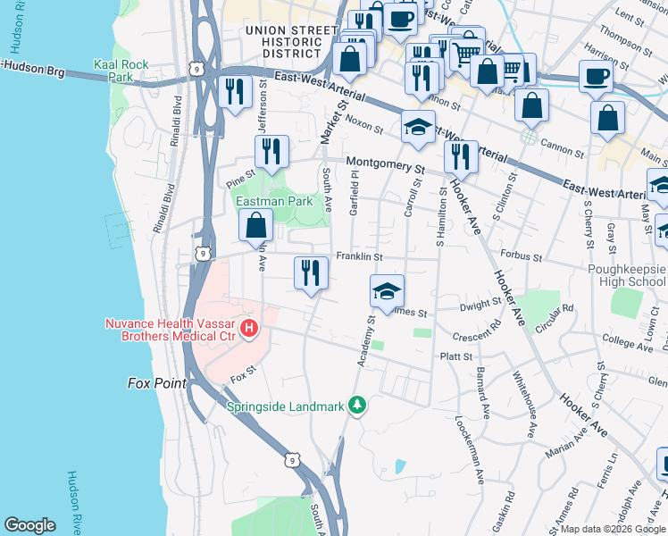 map of restaurants, bars, coffee shops, grocery stores, and more near 105 South Avenue in Poughkeepsie