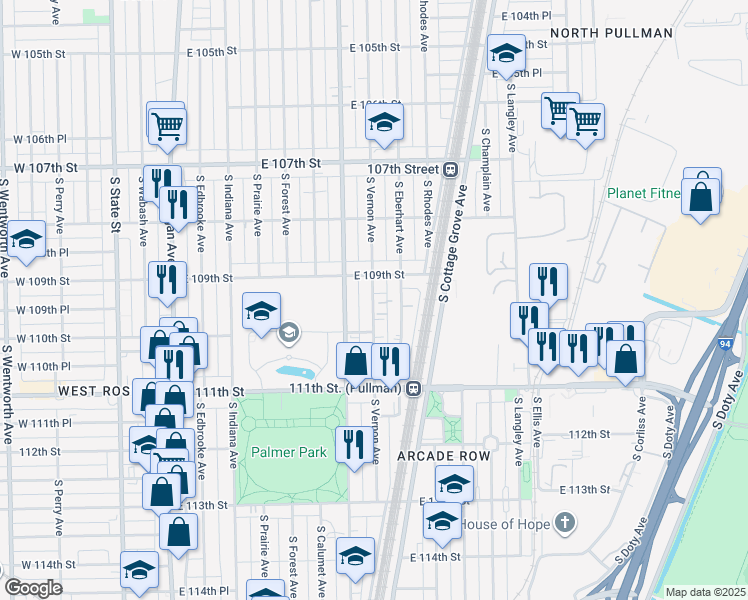 map of restaurants, bars, coffee shops, grocery stores, and more near 10931 South Vernon Avenue in Chicago