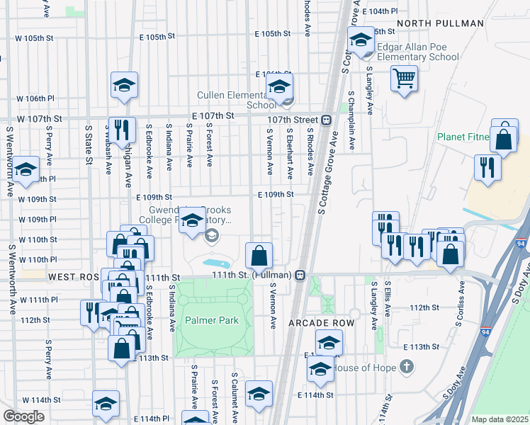 map of restaurants, bars, coffee shops, grocery stores, and more near 10931 South Vernon Avenue in Chicago