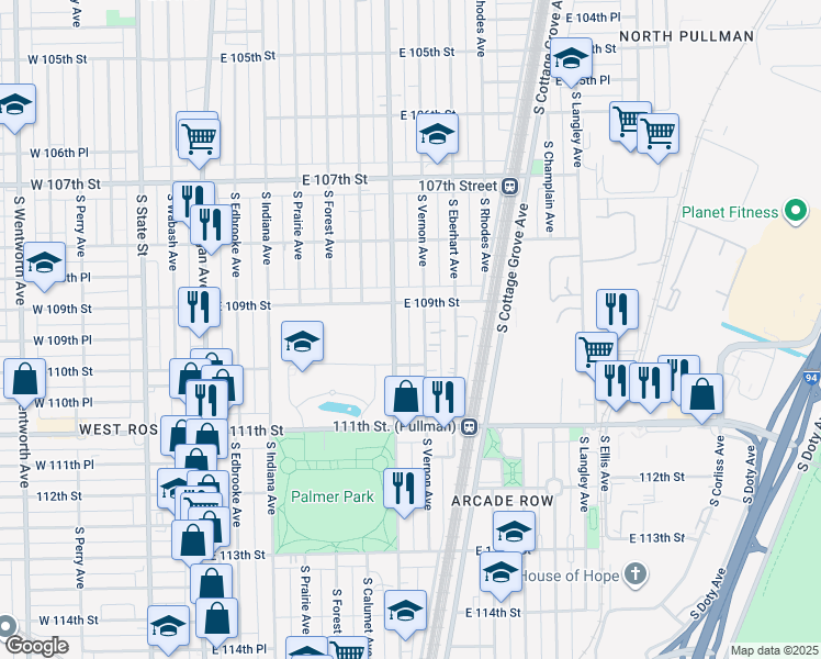 map of restaurants, bars, coffee shops, grocery stores, and more near 10929 South King Drive in Chicago