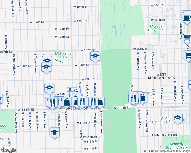 map of restaurants, bars, coffee shops, grocery stores, and more near 10848 South Whipple Street in Chicago
