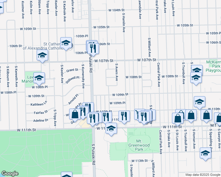 map of restaurants, bars, coffee shops, grocery stores, and more near 3905 West 108th Place in Chicago