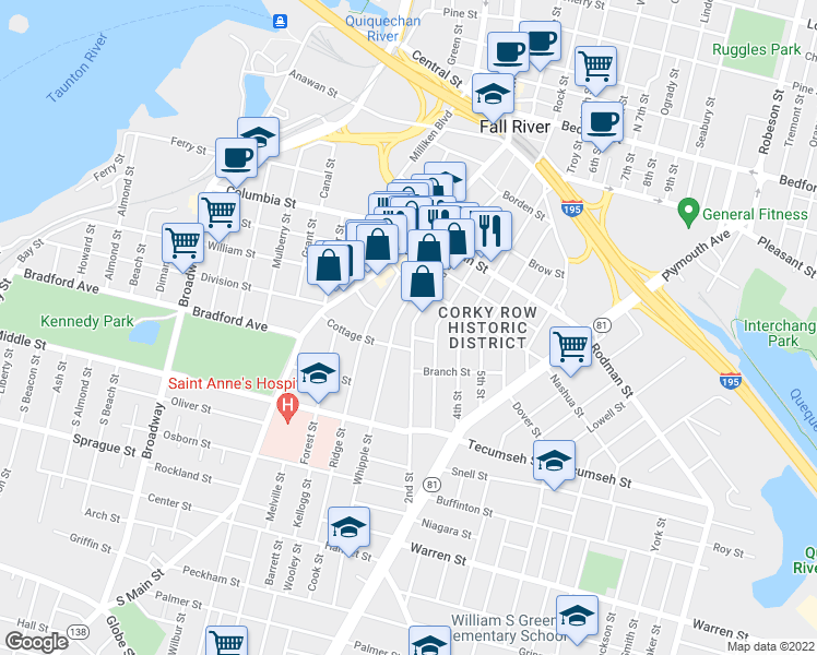 map of restaurants, bars, coffee shops, grocery stores, and more near 519 2nd Street in Fall River
