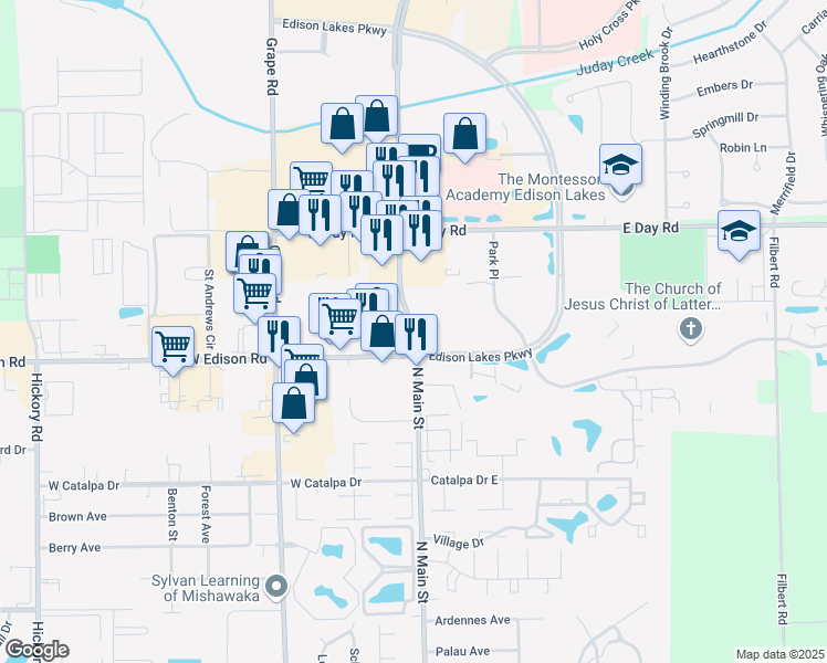 map of restaurants, bars, coffee shops, grocery stores, and more near 3865 North Main Street in Mishawaka