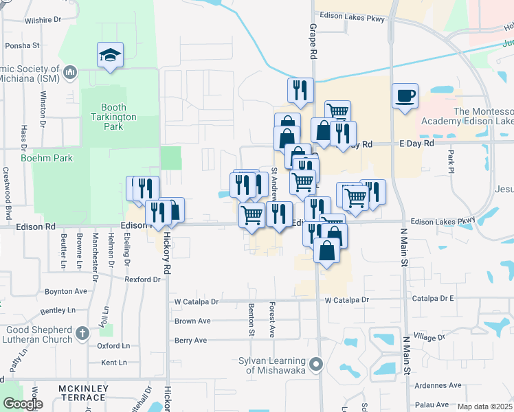 map of restaurants, bars, coffee shops, grocery stores, and more near 620 West Edison Road in Mishawaka