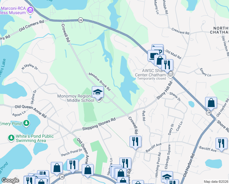 map of restaurants, bars, coffee shops, grocery stores, and more near 34 Meadow Brook Road in Chatham