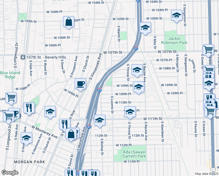 map of restaurants, bars, coffee shops, grocery stores, and more near 1409 West 109th Street in Chicago