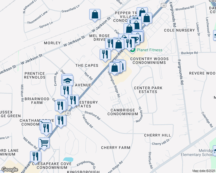 map of restaurants, bars, coffee shops, grocery stores, and more near 1697 Mentor Avenue in Painesville