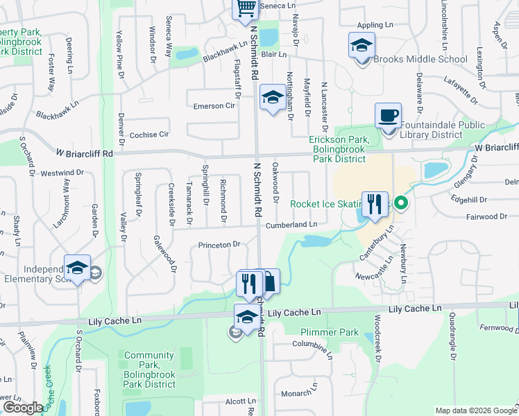 map of restaurants, bars, coffee shops, grocery stores, and more near 146 Schmidt Road in Bolingbrook