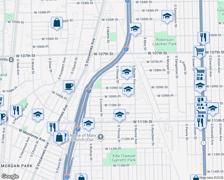 map of restaurants, bars, coffee shops, grocery stores, and more near 1319 West 109th Street in Chicago