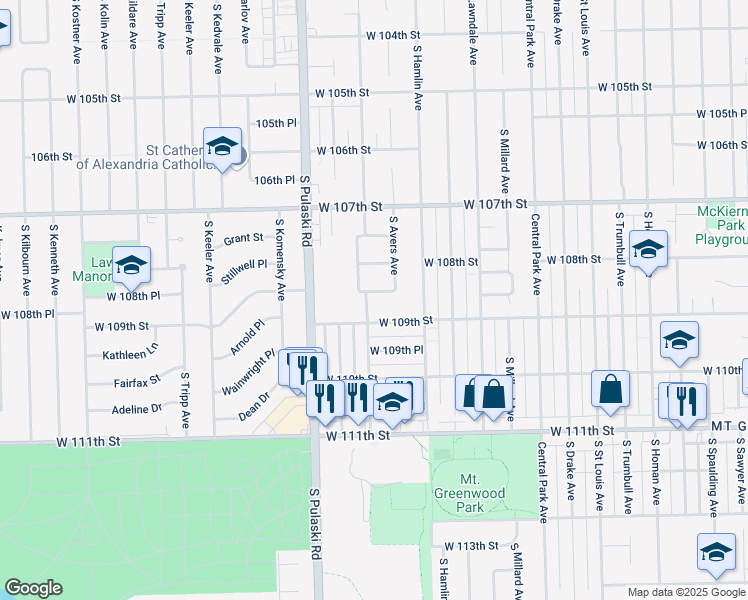 map of restaurants, bars, coffee shops, grocery stores, and more near 3905 West 108th Place in Chicago