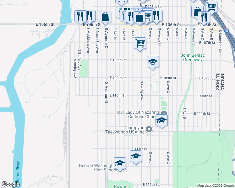 map of restaurants, bars, coffee shops, grocery stores, and more near 10959 South Avenue North in Chicago