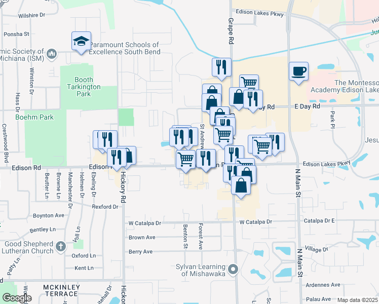 map of restaurants, bars, coffee shops, grocery stores, and more near 620 West Edison Road in Mishawaka