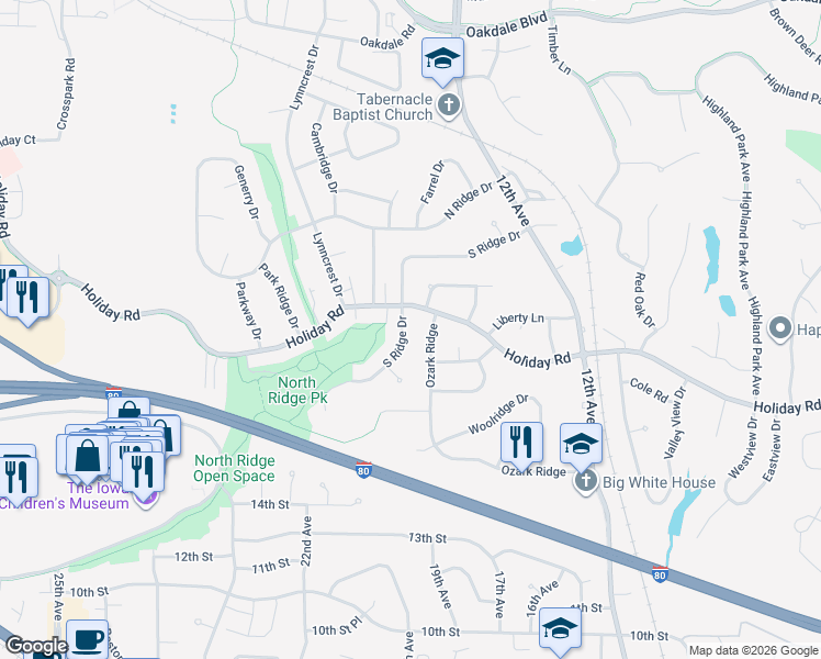 map of restaurants, bars, coffee shops, grocery stores, and more near 2047 South Ridge Drive in Coralville