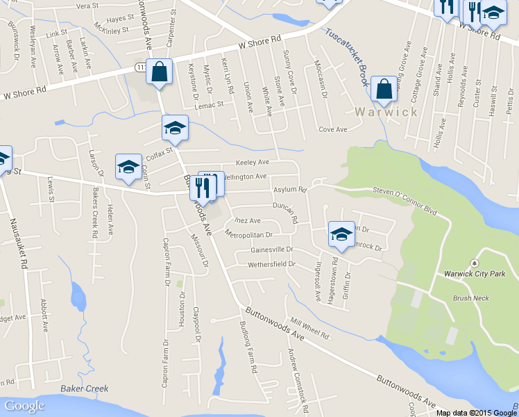 map of restaurants, bars, coffee shops, grocery stores, and more near 49 Duncan Rd in Warwick