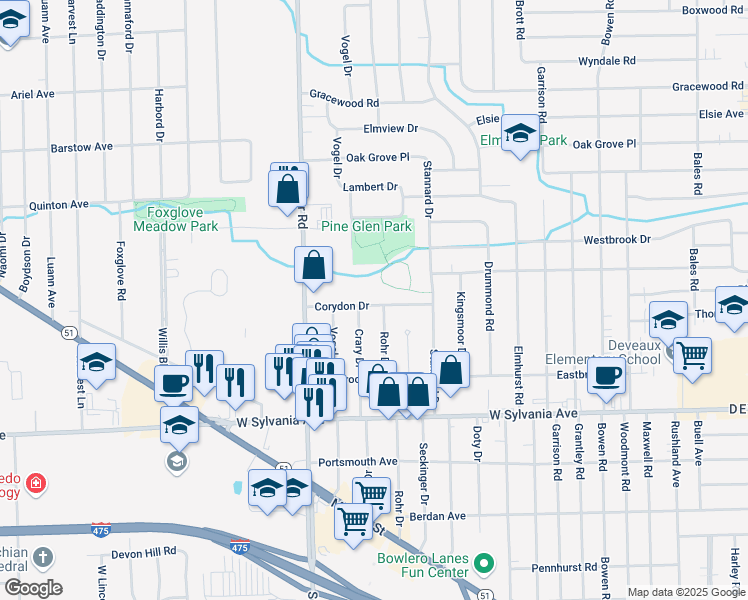 map of restaurants, bars, coffee shops, grocery stores, and more near 3134 Corydon Drive in Toledo