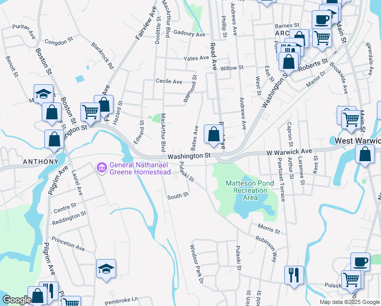 map of restaurants, bars, coffee shops, grocery stores, and more near 441 Washington Street in Coventry