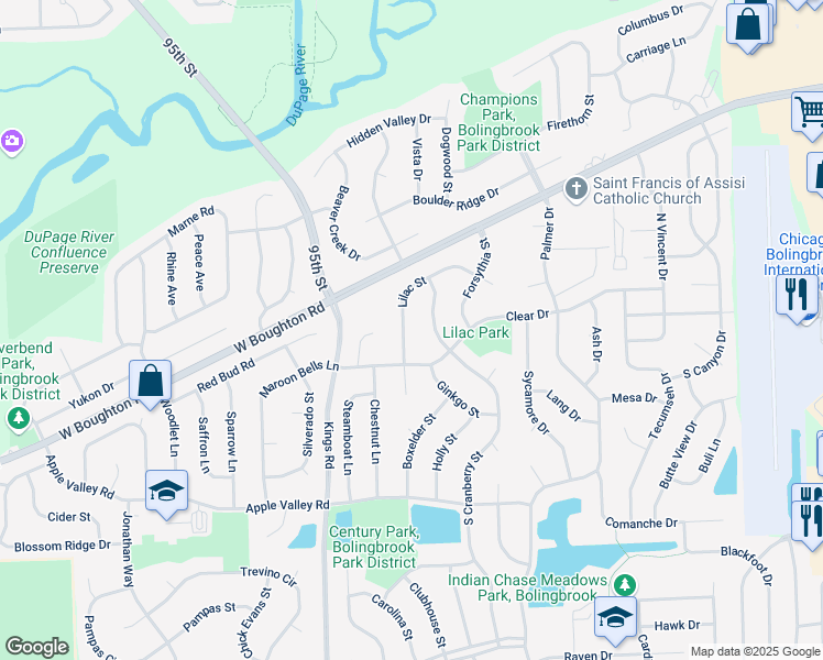 map of restaurants, bars, coffee shops, grocery stores, and more near 140 Lilac Street in Bolingbrook
