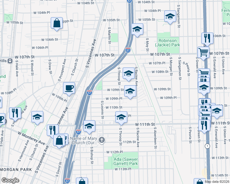 map of restaurants, bars, coffee shops, grocery stores, and more near 1319 West 109th Street in Chicago