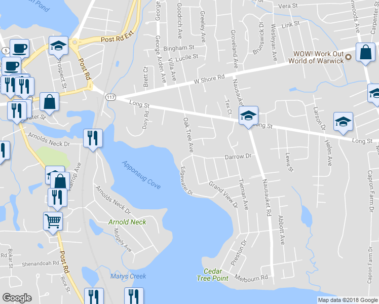 map of restaurants, bars, coffee shops, grocery stores, and more near 145 Oak Tree Avenue in Warwick
