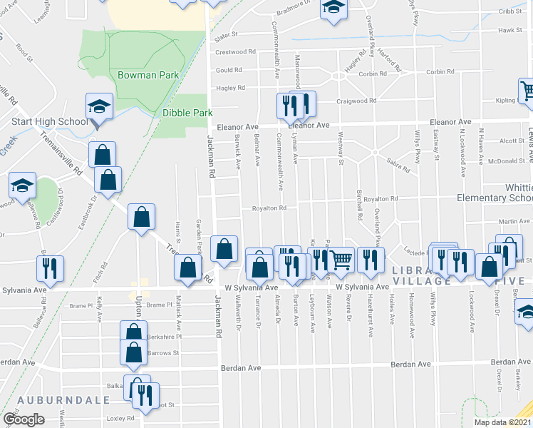 map of restaurants, bars, coffee shops, grocery stores, and more near 4218 Belmar Avenue in Toledo