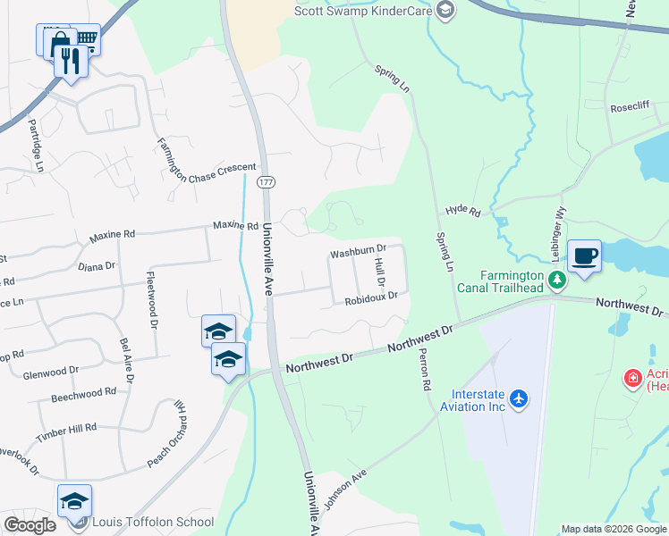map of restaurants, bars, coffee shops, grocery stores, and more near 21 Washburn Drive in Plainville