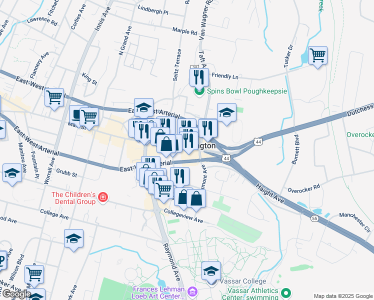 map of restaurants, bars, coffee shops, grocery stores, and more near 830 Main Street in Poughkeepsie